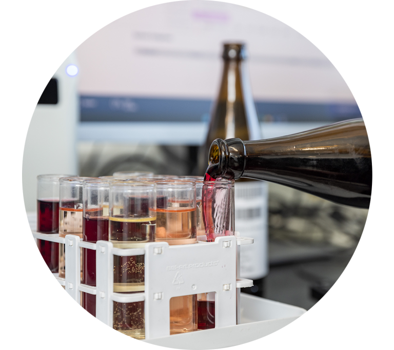 Wein wird im Labor in ein Reagenzglas gegossen.